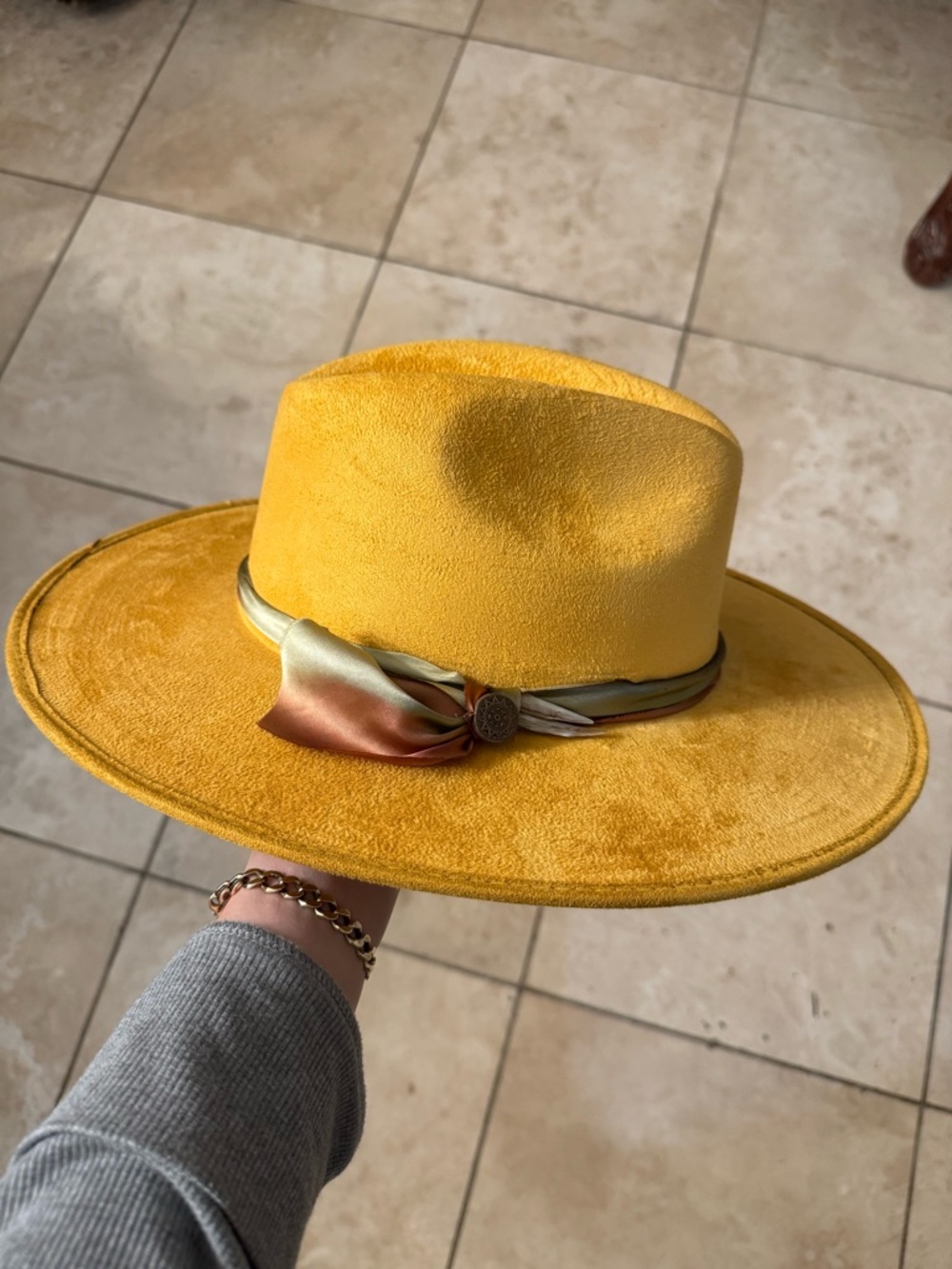 Yellow Women's Wide-Brim Felt Hat with Satin Band